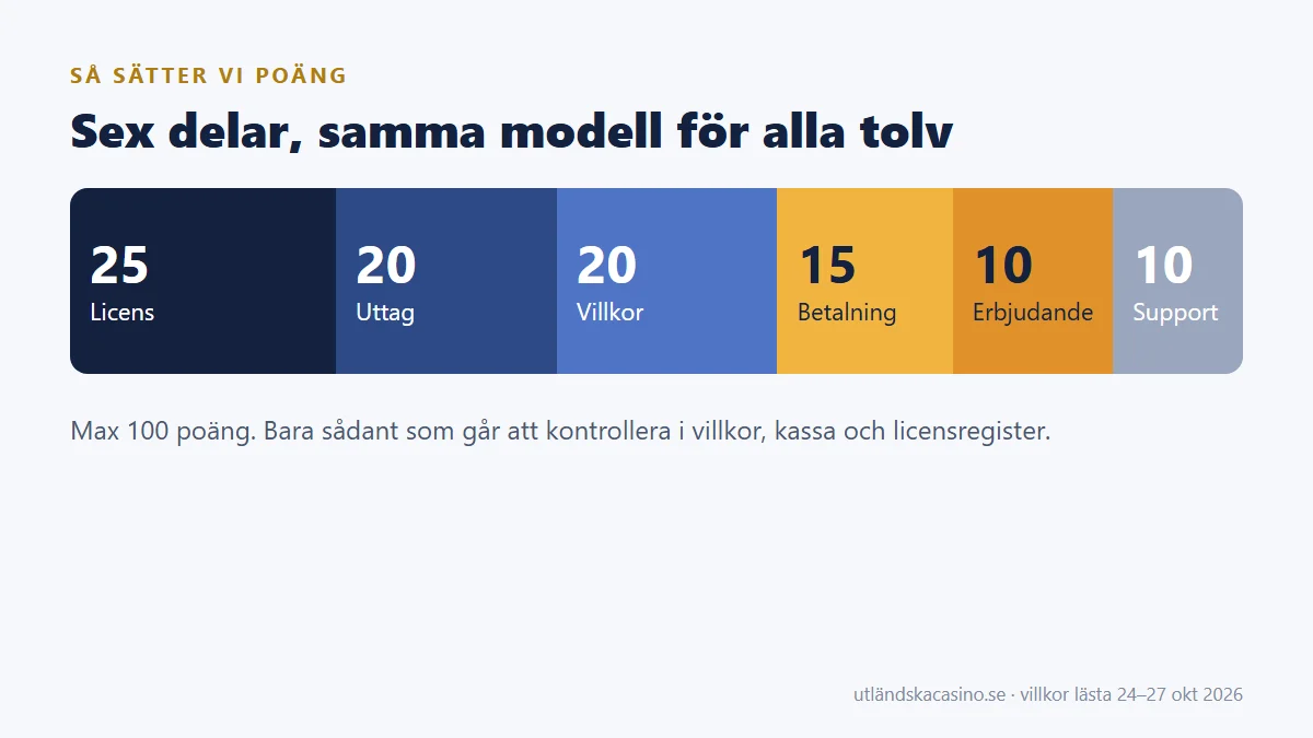 Poängmodell: licens 25, uttag 20, villkor 20, betalning 15, erbjudande 10, support 10 – max 100