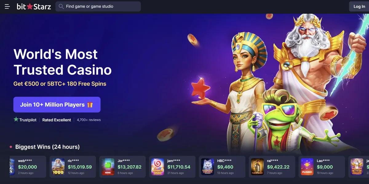 Skärmdump av startsidan hos BitStarz