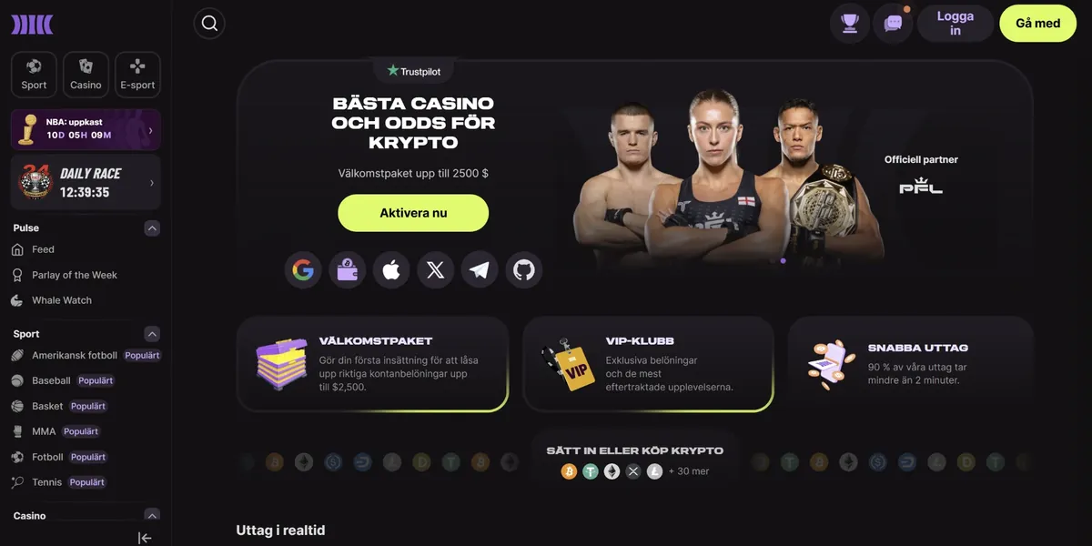 Skärmdump av startsidan hos Cloudbet