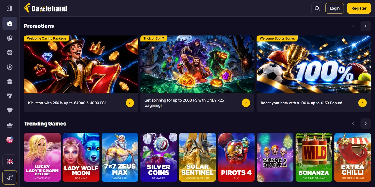 Startsidan hos Dazzlehand, casino utan svensk licens