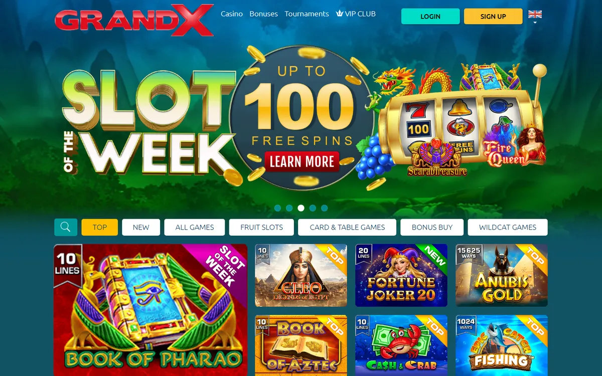 Startsidan hos GrandX, casino utan svensk licens