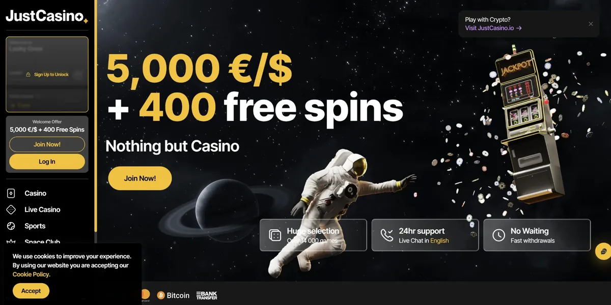 Skärmdump av startsidan hos JustCasino