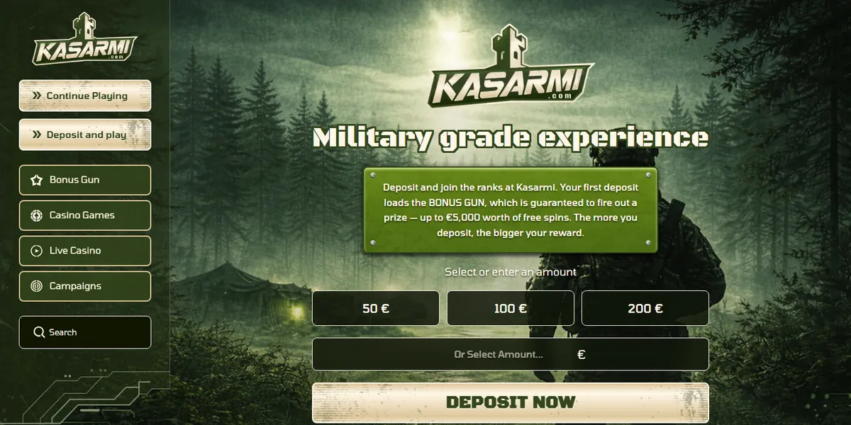 Startsidan hos Kasarmi, casino utan svensk licens