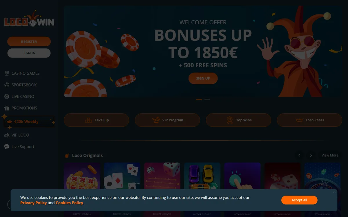 Startsidan hos LocoWin, casino utan svensk licens