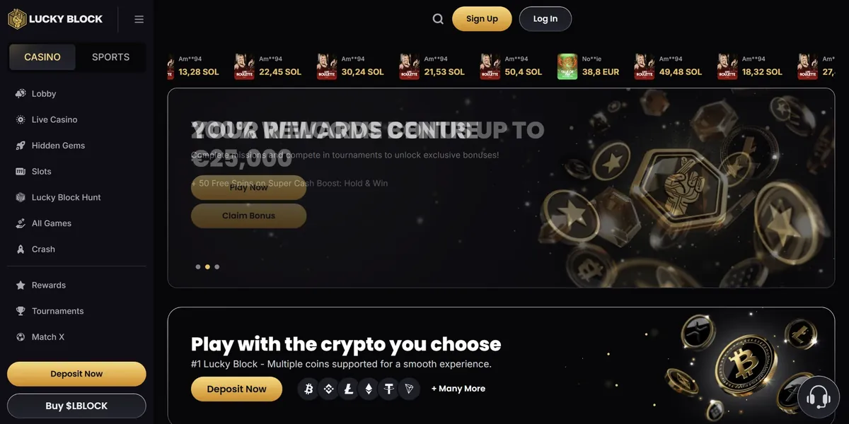 Skärmdump av startsidan hos Lucky Block