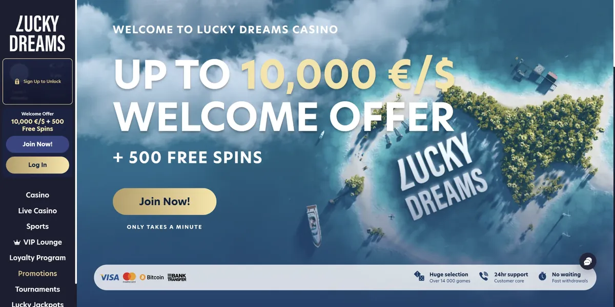 Skärmdump av startsidan hos Lucky Dreams