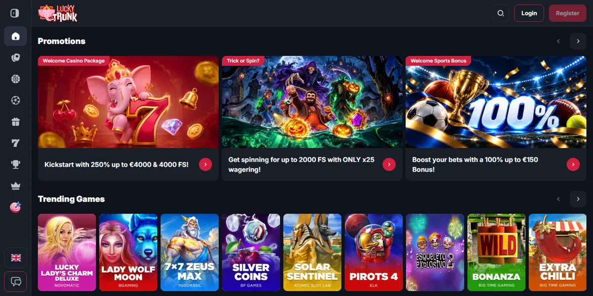 Startsidan hos Lucky Trunk, casino utan svensk licens