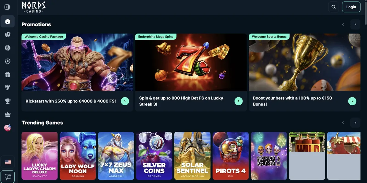 Skärmdump av startsidan hos Nords Casino