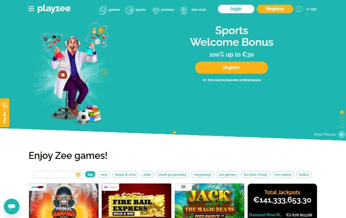 Startsidan hos Playzee, casino utan svensk licens
