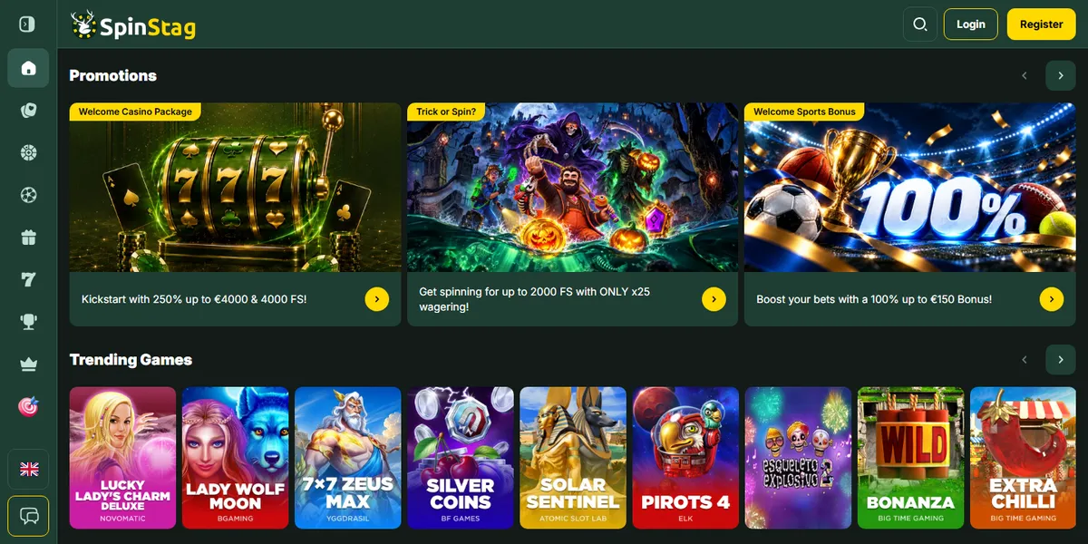 Startsidan hos SpinStag, casino utan svensk licens