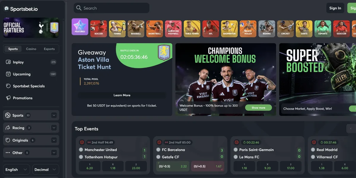 Skärmdump av startsidan hos Sportsbet.io