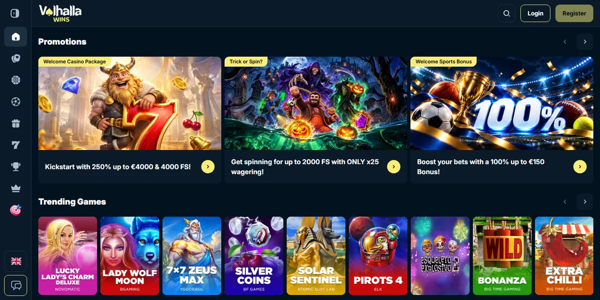 Startsidan hos ValhallaWins, casino utan svensk licens