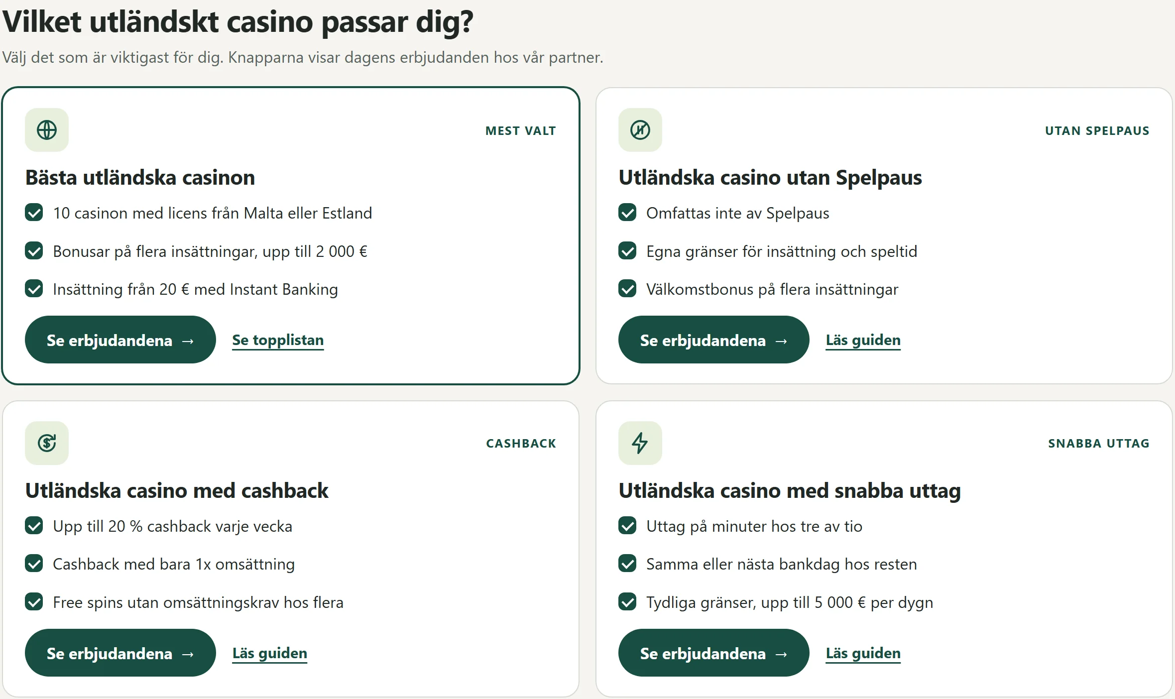 Översikt över utländska casinon i fyra kategorier