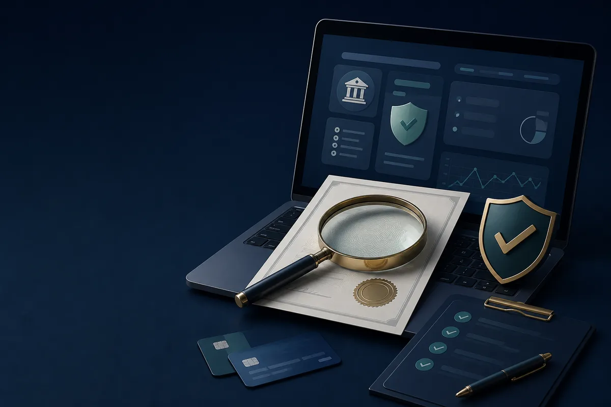 Illustration av licenskontroll med förstoringsglas, dokument och skyddssymbol